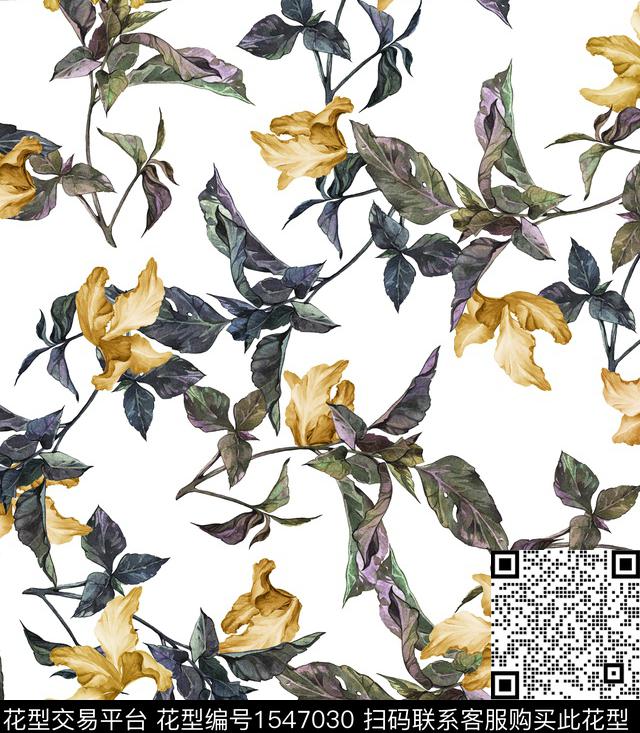 花卉水彩白底花数码印花华亿平台下载（图片编号: 1547030） - 瓦栏（Walan）