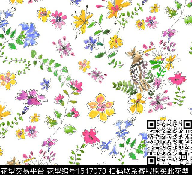 水彩花卉鸟数码印花华亿平台下载（图片编号: 1547073） - 瓦栏（Walan）