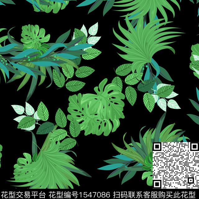 女装绿植树叶黑底数码印花华亿平台下载（图片编号: 1547086） - 瓦栏（Walan）