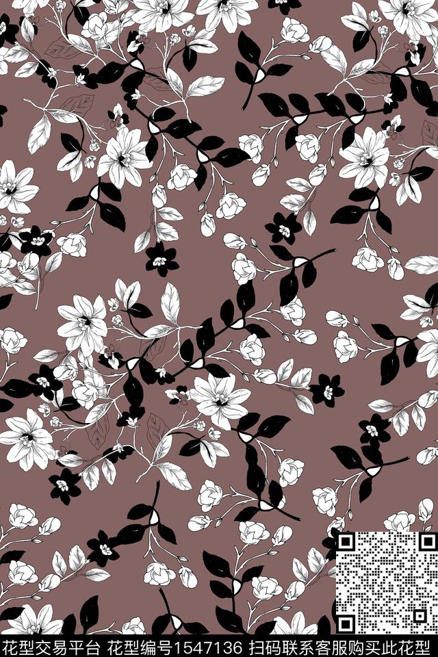 黑白叶子花卉数码印花华亿平台下载（图片编号: 1547136） - 瓦栏（Walan）