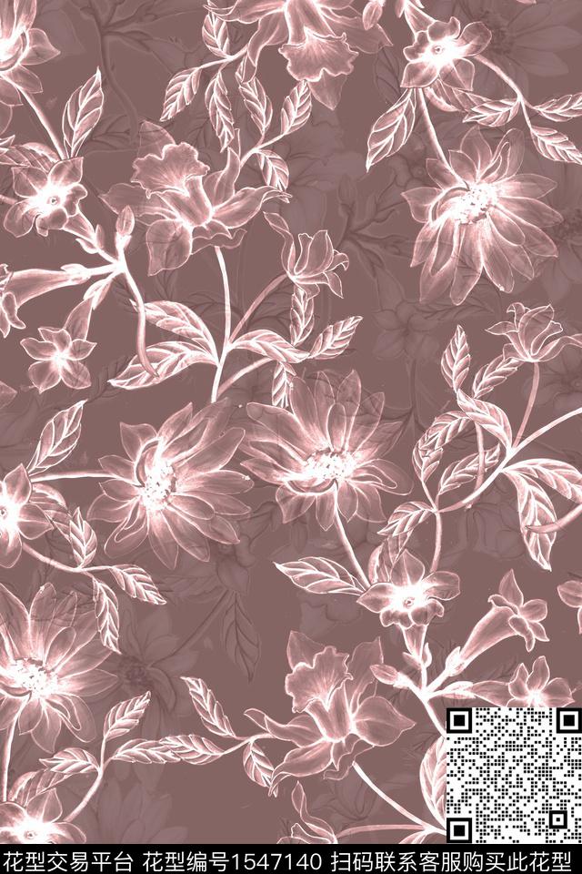 花卉叶子影花数码印花华亿平台下载（图片编号: 1547140） - 瓦栏（Walan）