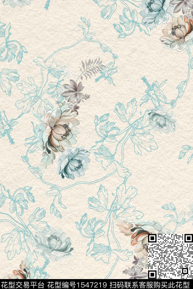 手绘花卉花卉底纹数码印花华亿平台下载（图片编号: 1547219） - 瓦栏（Walan）