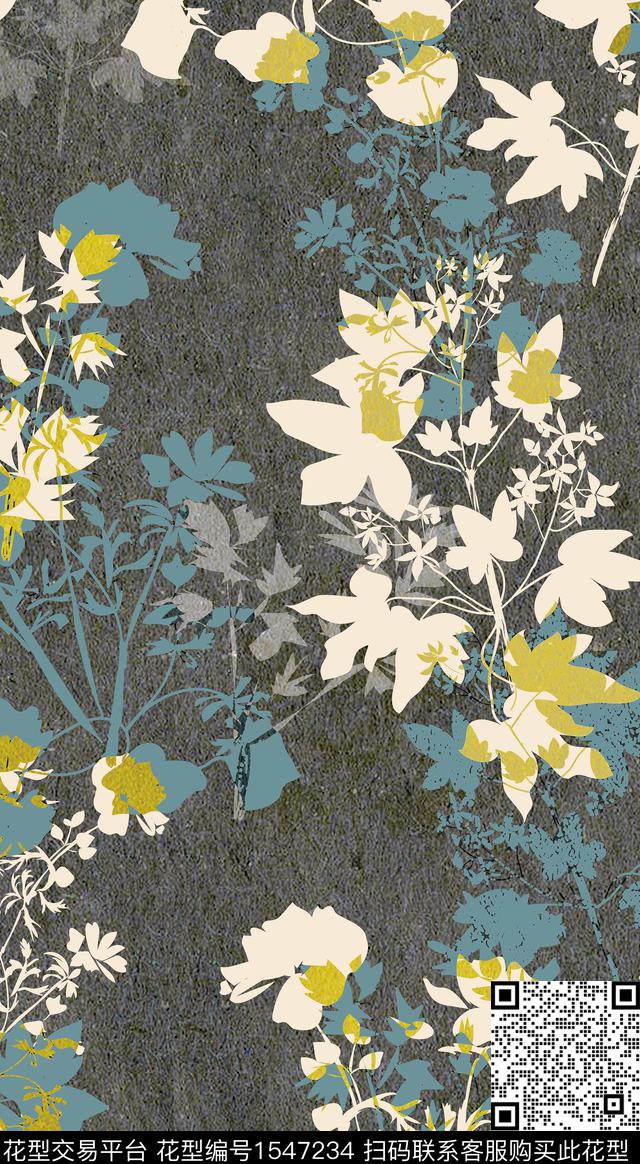 叶子花卉剪影数码印花华亿平台下载（图片编号: 1547234） - 瓦栏（Walan）