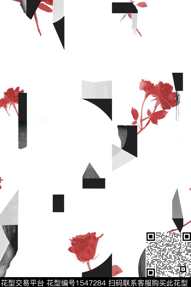 碎片几何花卉数码印花华亿平台下载（图片编号: 1547284） - 瓦栏（Walan）