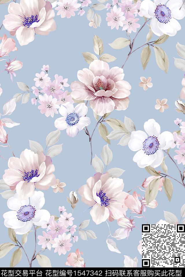 纯色底清爽花卉数码印花华亿平台下载（图片编号: 1547342） - 瓦栏（Walan）