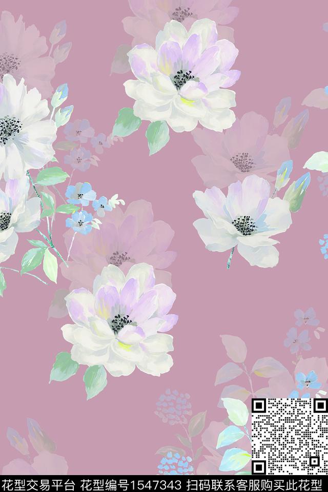 水彩影花花卉数码印花华亿平台下载（图片编号: 1547343） - 瓦栏（Walan）