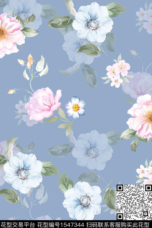 水彩影花花卉数码印花华亿平台下载（图片编号: 1547344） - 瓦栏（Walan）