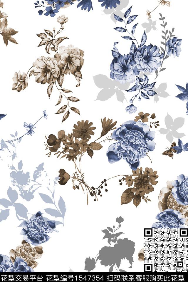剪影花卉散花数码印花华亿平台下载（图片编号: 1547354） - 瓦栏（Walan）