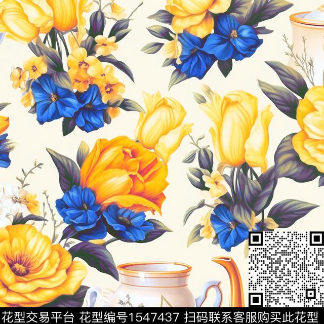 大花花卉茶壶数码印花华亿平台下载（图片编号: 1547437） - 瓦栏（Walan）