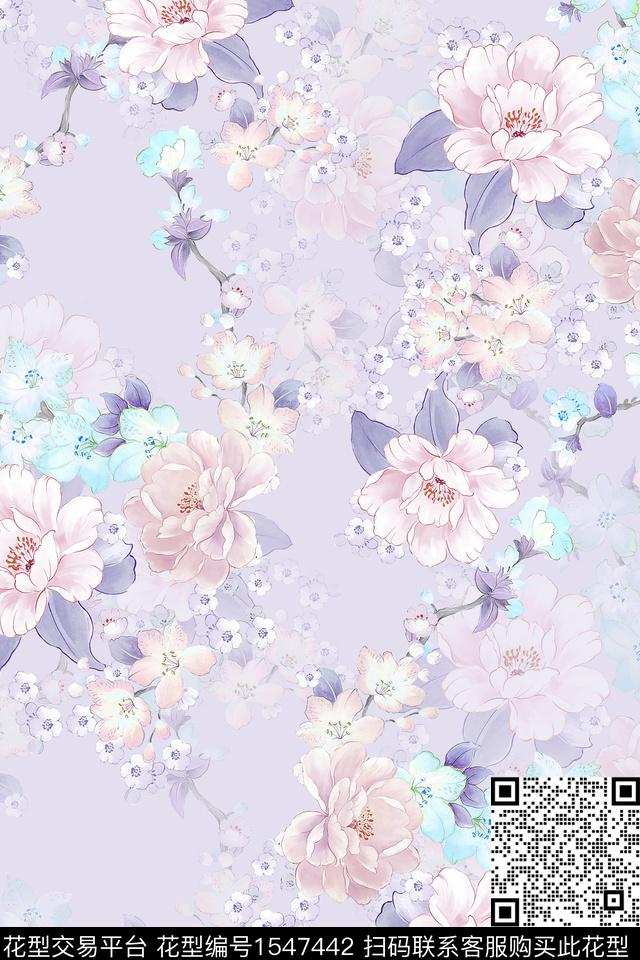 水彩影花花卉数码印花华亿平台下载（图片编号: 1547442） - 瓦栏（Walan）