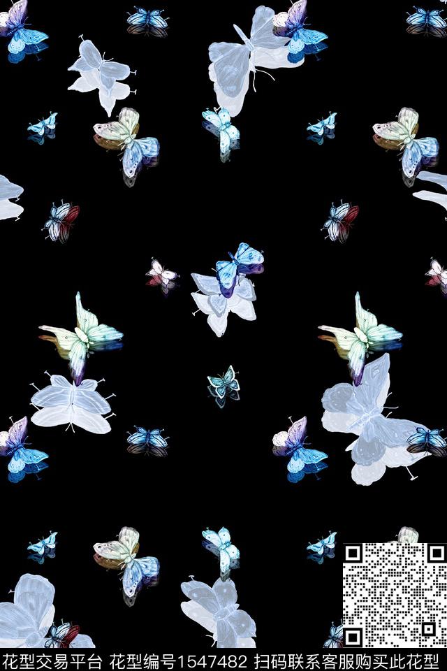 黑底蝴蝶昆虫数码印花华亿平台下载（图片编号: 1547482） - 瓦栏（Walan）