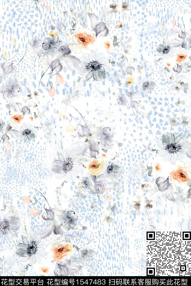 水彩斑点花卉数码印花华亿平台下载（图片编号: 1547483） - 瓦栏（Walan）
