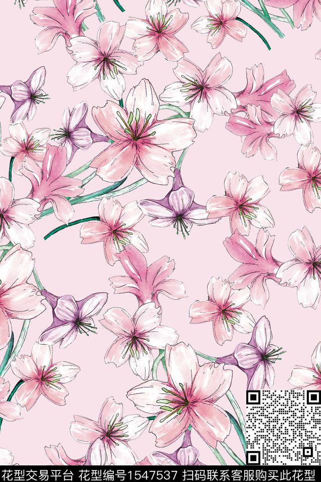 小清新真丝花卉数码印花华亿平台下载（图片编号: 1547537） - 瓦栏（Walan）