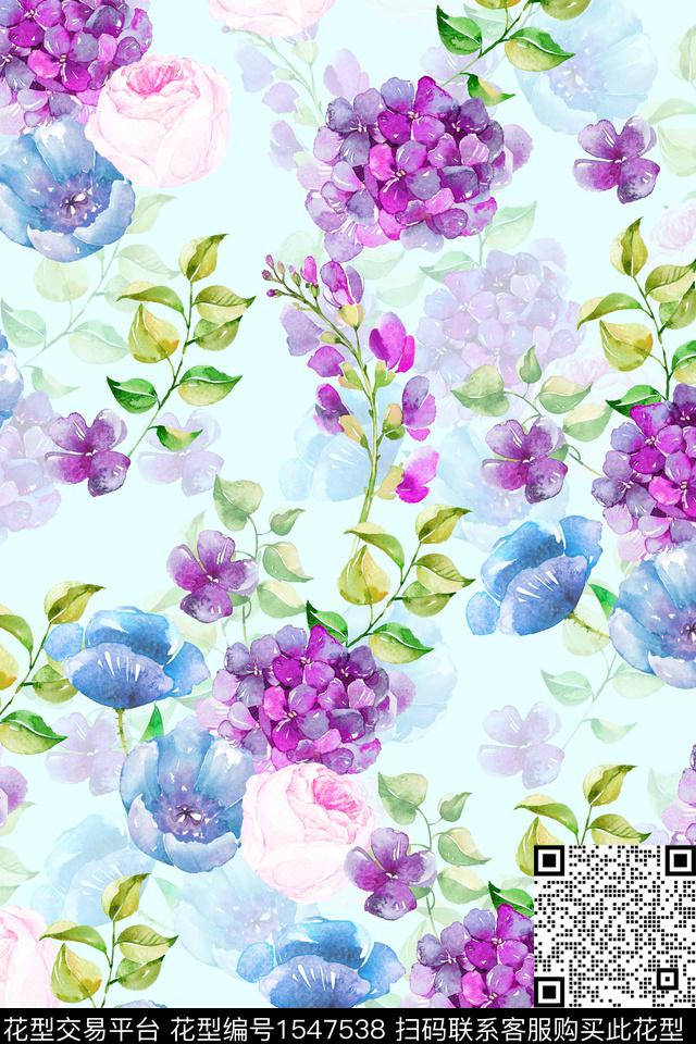 水彩影花花卉数码印花华亿平台下载（图片编号: 1547538） - 瓦栏（Walan）