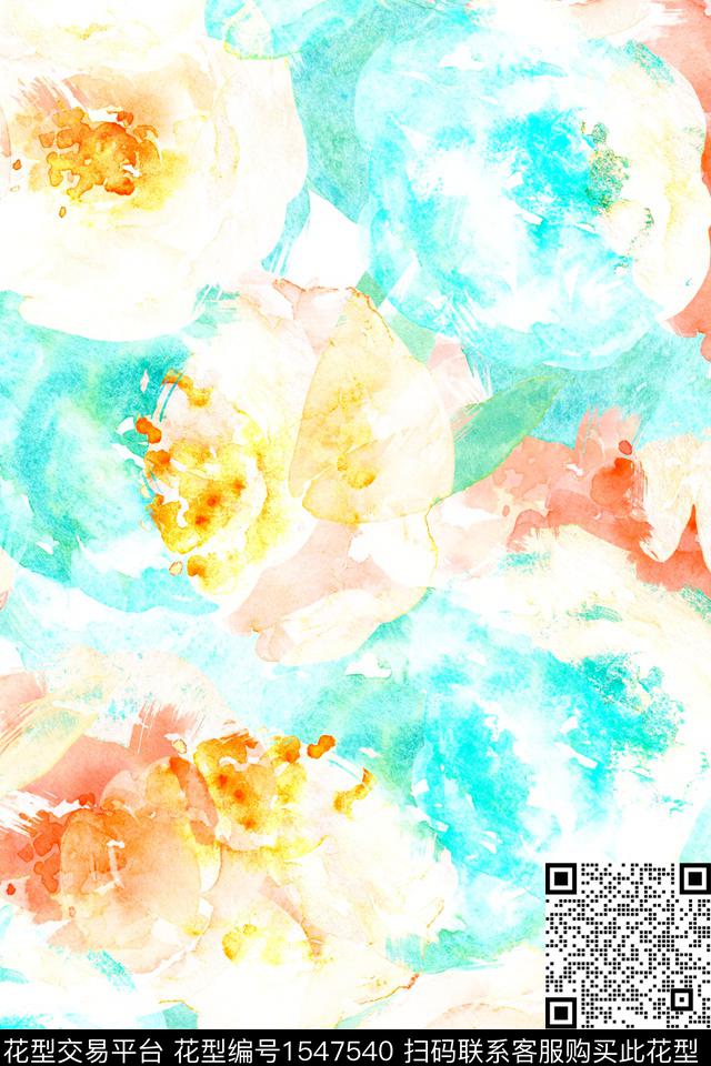 水彩大花花卉数码印花华亿平台下载（图片编号: 1547540） - 瓦栏（Walan）