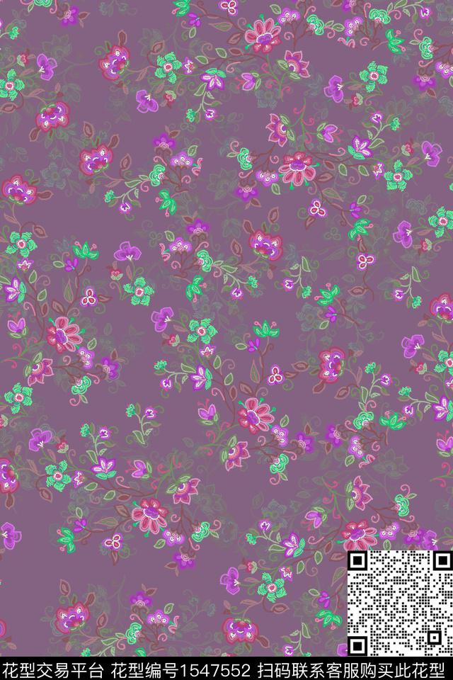 手绘花卉大牌风小碎花数码印花华亿平台下载（图片编号: 1547552） - 瓦栏（Walan）