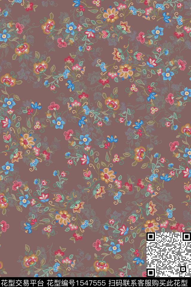 仿刺绣小碎花绿植树叶数码印花华亿平台下载（图片编号: 1547555） - 瓦栏（Walan）