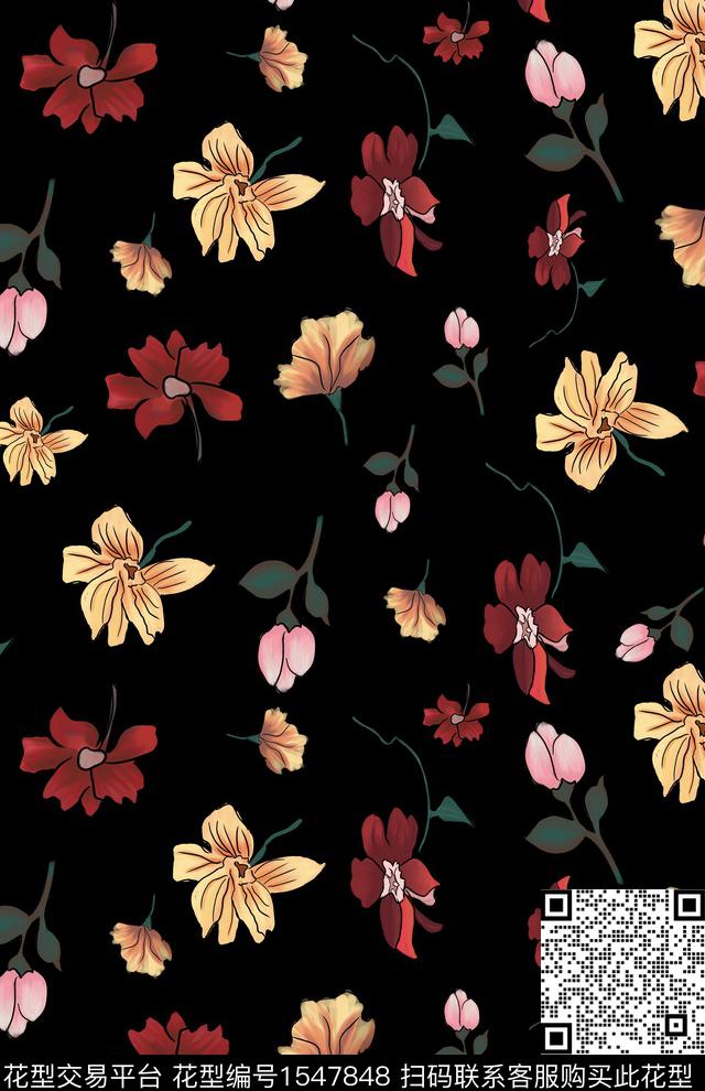 手绘花卉小碎花绿植树叶数码印花华亿平台下载（图片编号: 1547848） - 瓦栏（Walan）