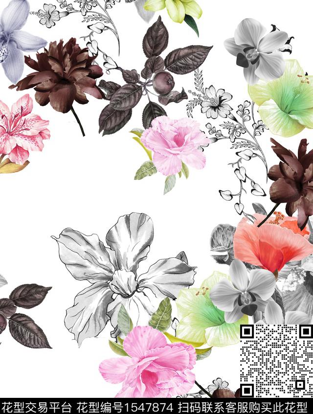 花卉白底花数码印花华亿平台下载（图片编号: 1547874） - 瓦栏（Walan）