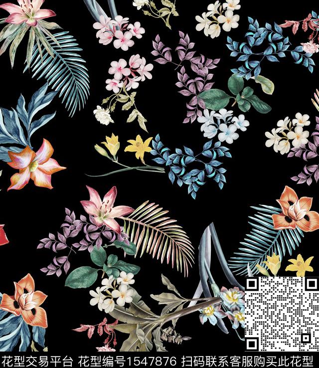 复古黑底花卉花卉数码印花华亿平台下载（图片编号: 1547876） - 瓦栏（Walan）