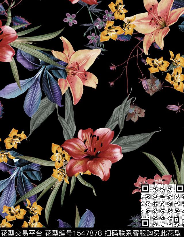 复古黑底花卉花卉数码印花华亿平台下载（图片编号: 1547878） - 瓦栏（Walan）