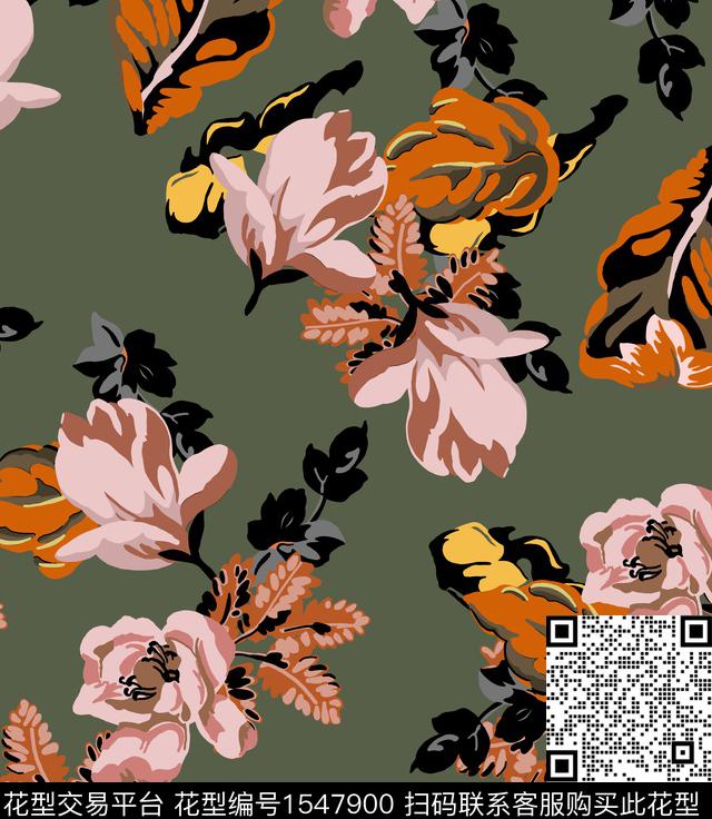花卉手绘军绿底传统印花华亿平台下载（图片编号: 1547900） - 瓦栏（Walan）