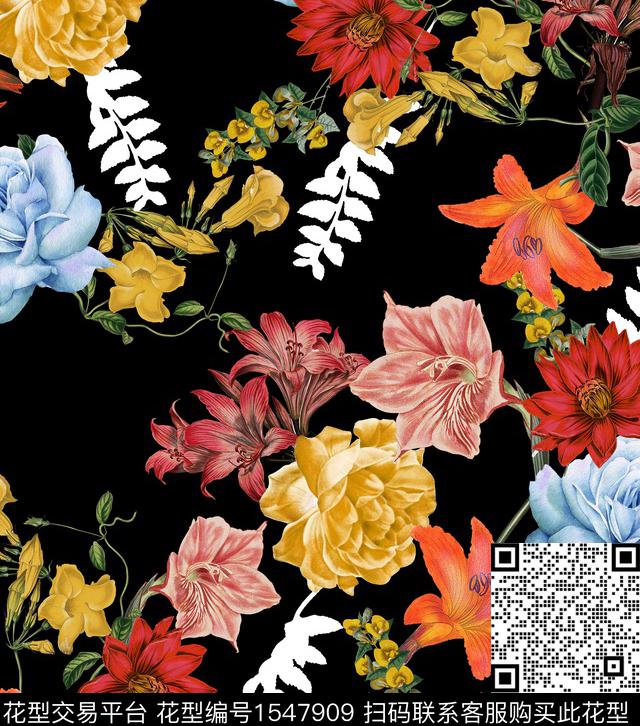复古黑底花卉花卉数码印花华亿平台下载（图片编号: 1547909） - 瓦栏（Walan）