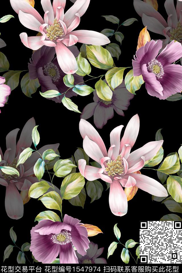 影花大花黑底花卉数码印花华亿平台下载（图片编号: 1547974） - 瓦栏（Walan）