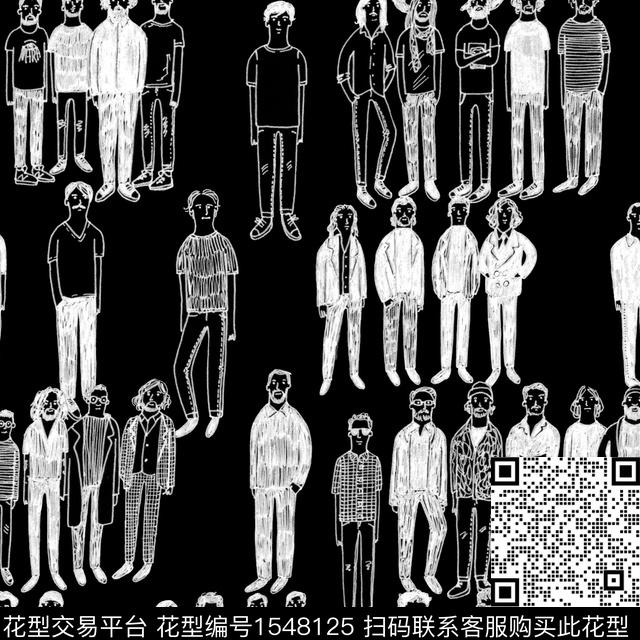 卡通人物趣味黑白华亿平台数码印花华亿平台下载（图片编号: 1548125） - 瓦栏（Walan）