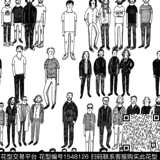 卡通人物趣味黑白华亿平台数码印花华亿平台下载（图片编号: 1548126） - 瓦栏（Walan）