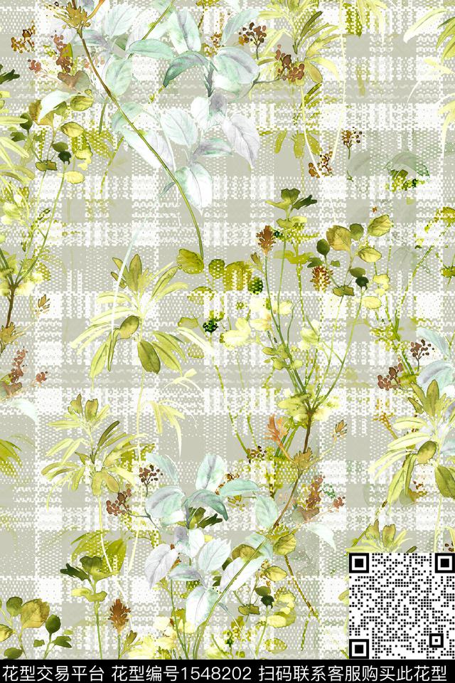格子水彩花卉数码印花华亿平台下载（图片编号: 1548202） - 瓦栏（Walan）