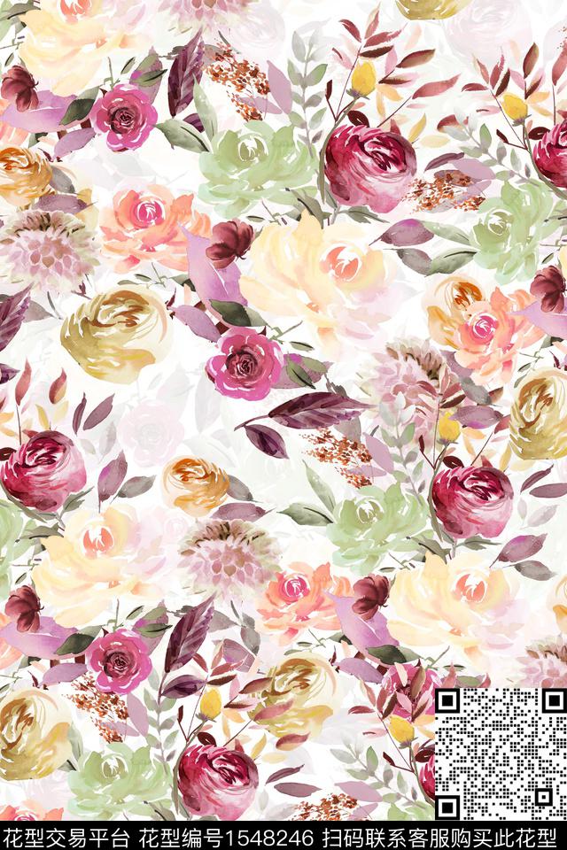 水彩花卉满版散花数码印花华亿平台下载（图片编号: 1548246） - 瓦栏（Walan）