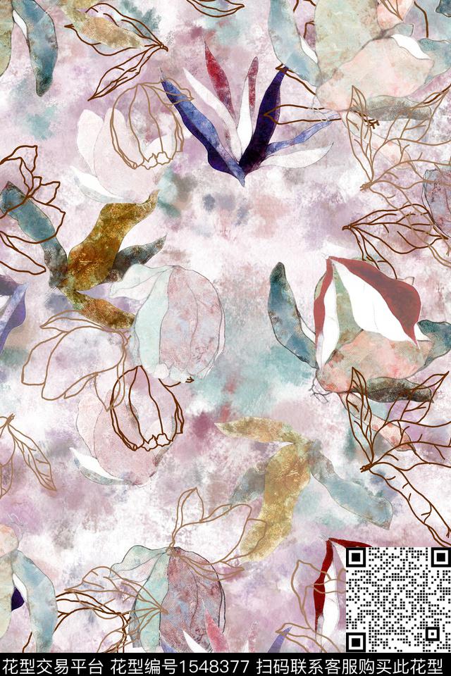 肌理线条花抽象数码印花华亿平台下载（图片编号: 1548377） - 瓦栏（Walan）