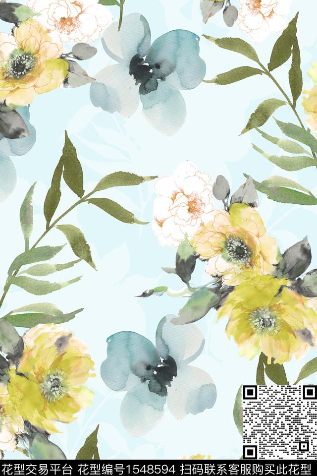 水彩线条花卉数码印花华亿平台下载（图片编号: 1548594） - 瓦栏（Walan）