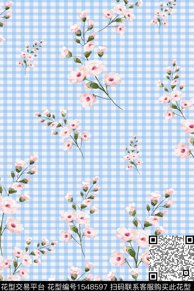 水彩格子花卉数码印花华亿平台下载（图片编号: 1548597） - 瓦栏（Walan）