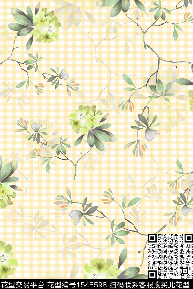 水彩格子花卉数码印花华亿平台下载（图片编号: 1548598） - 瓦栏（Walan）