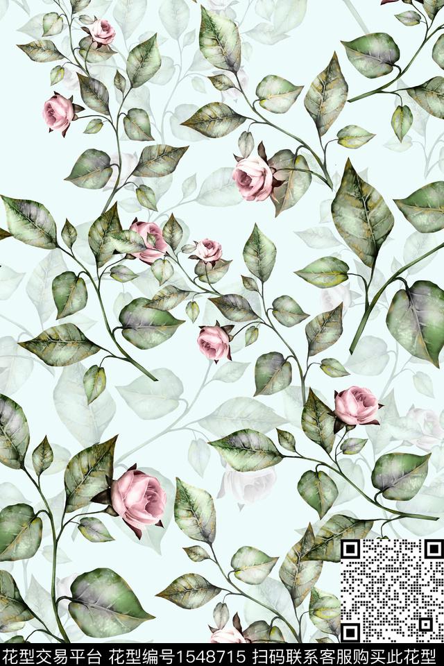花卉叶子水彩数码印花华亿平台下载（图片编号: 1548715） - 瓦栏（Walan）