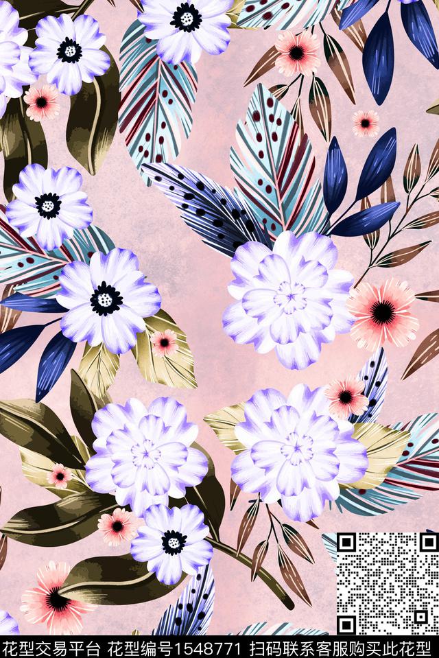 抽象花卉花卉羽毛数码印花华亿平台下载（图片编号: 1548771） - 瓦栏（Walan）