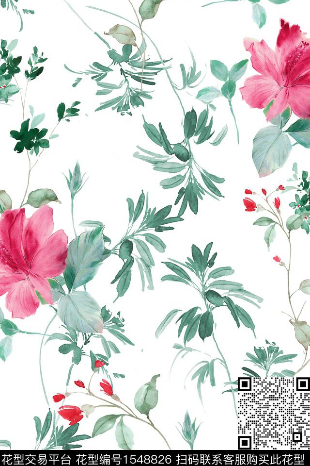 水彩花卉叶子数码印花华亿平台下载（图片编号: 1548826） - 瓦栏（Walan）