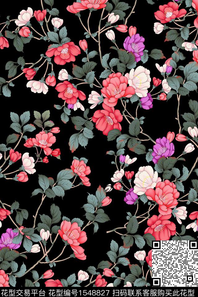 花卉黑底花卉小花数码印花华亿平台下载（图片编号: 1548827） - 瓦栏（Walan）