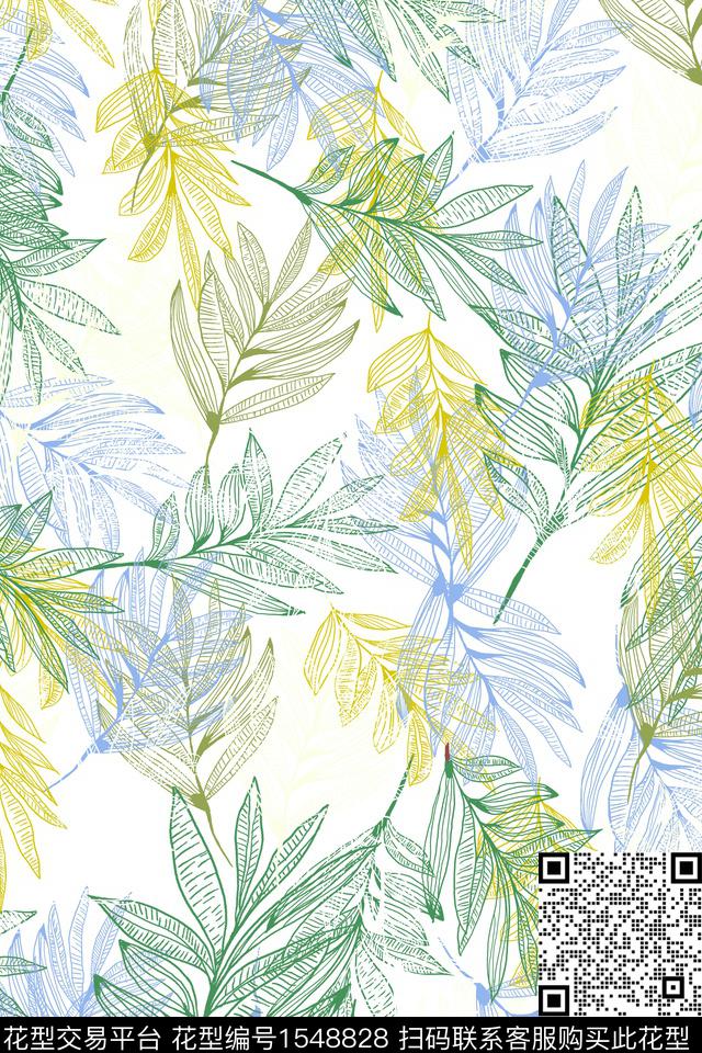 叶子线条绿植树叶数码印花华亿平台下载（图片编号: 1548828） - 瓦栏（Walan）