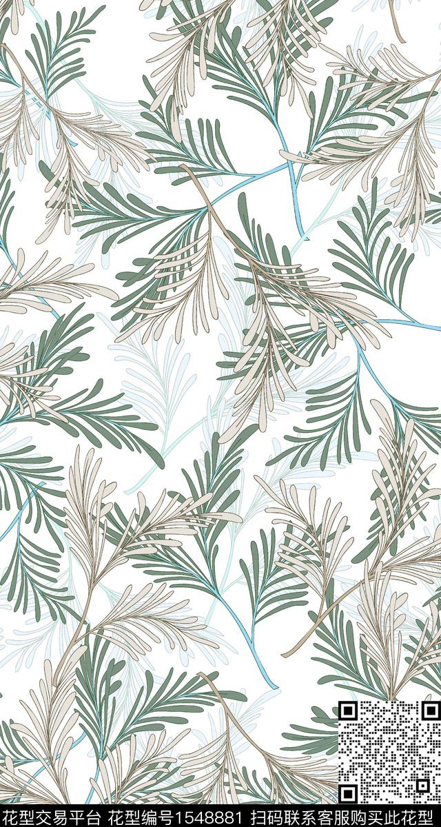 小清新线条绿植树叶数码印花华亿平台下载（图片编号: 1548881） - 瓦栏（Walan）