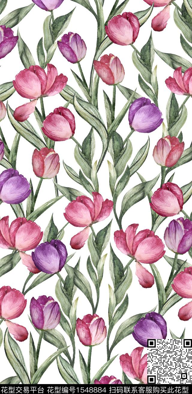 花卉水彩花卉郁金香数码印花华亿平台下载（图片编号: 1548884） - 瓦栏（Walan）