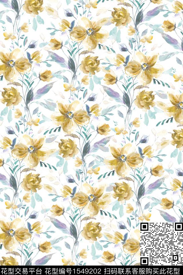 满版散花水彩花卉数码印花华亿平台下载（图片编号: 1549202） - 瓦栏（Walan）