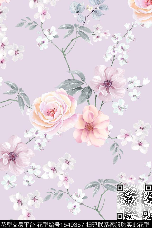 清爽水彩花卉数码印花华亿平台下载（图片编号: 1549357） - 瓦栏（Walan）