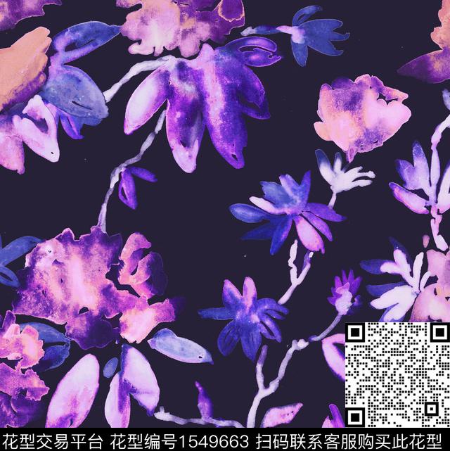 水彩花卉黑底花卉数码印花华亿平台下载（图片编号: 1549663） - 瓦栏（Walan）