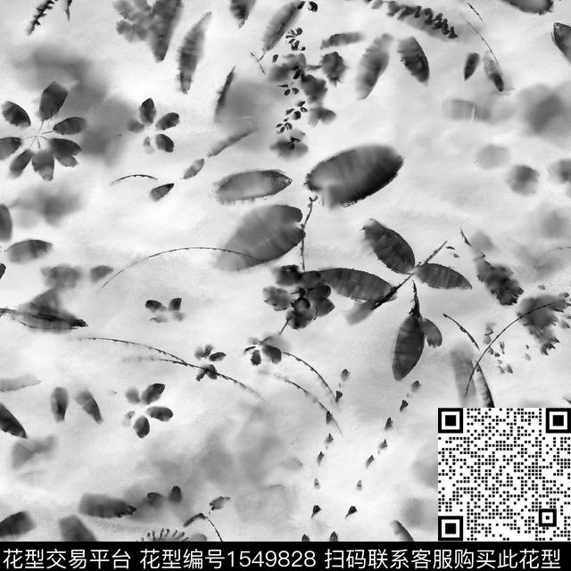 水墨风黑白华亿平台植物叶子数码印花华亿平台下载（图片编号: 1549828） - 瓦栏（Walan）