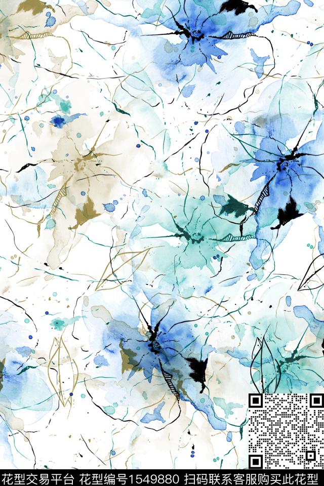 花卉水彩线条数码印花华亿平台下载（图片编号: 1549880） - 瓦栏（Walan）