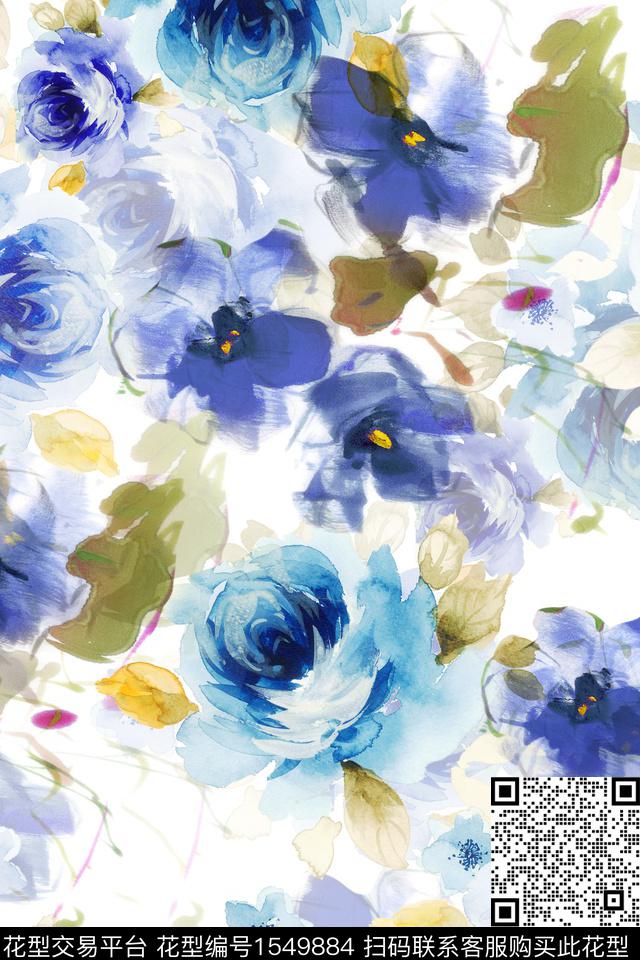 水彩花卉大花数码印花华亿平台下载（图片编号: 1549884） - 瓦栏（Walan）