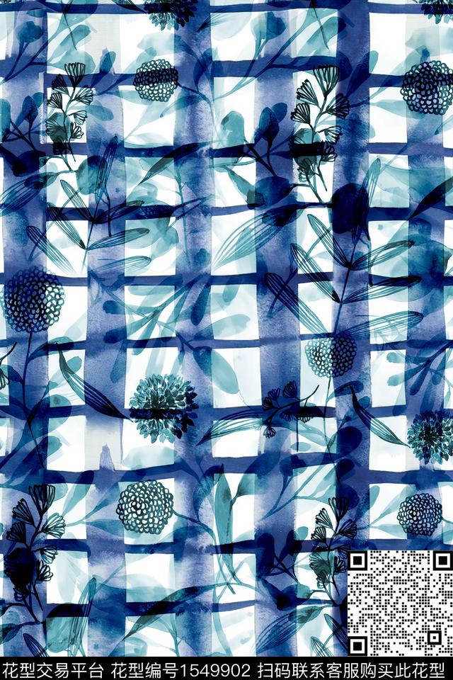 水彩格子花卉数码印花华亿平台下载（图片编号: 1549902） - 瓦栏（Walan）